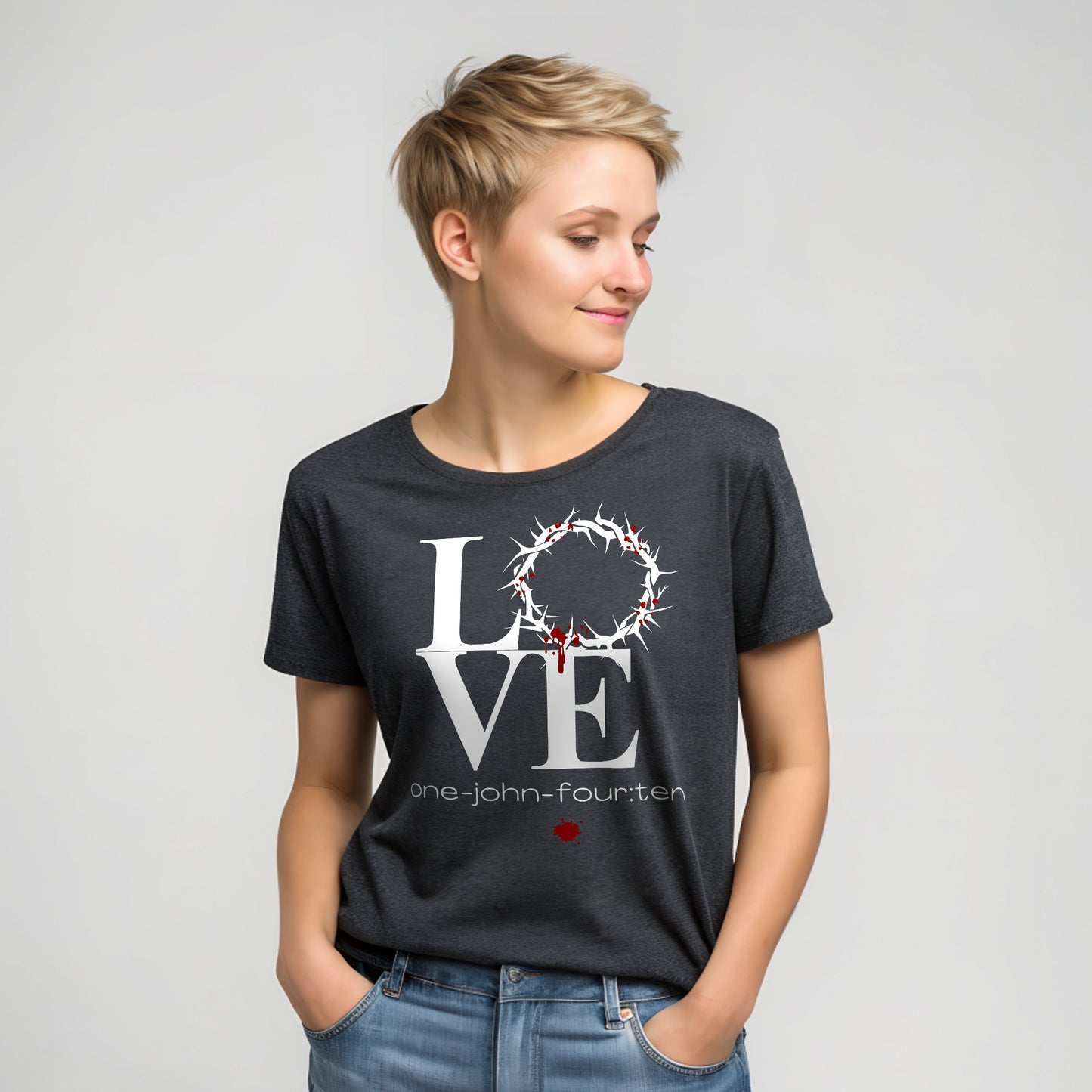 Model is wearing a short sleeve This is Love dark gray heather t-shirt