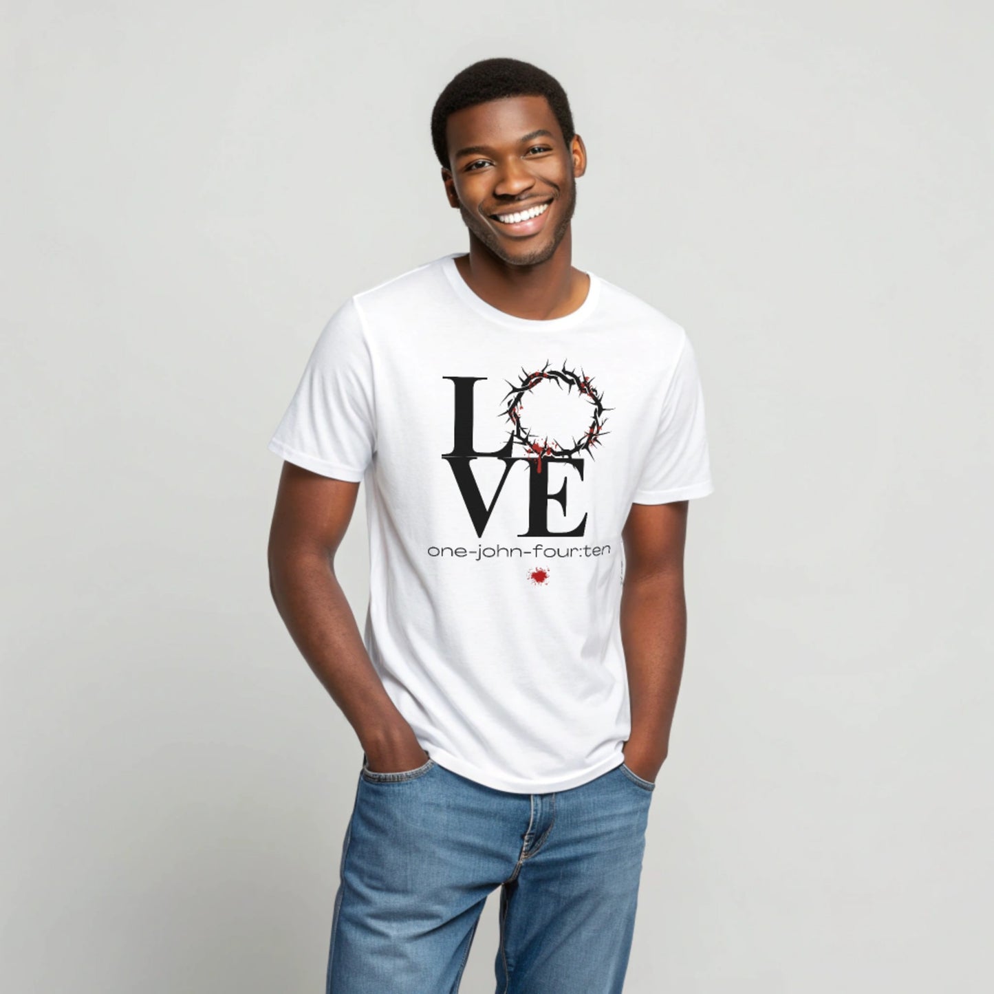 Model is wearing a short sleeve This is Love white t-shirt