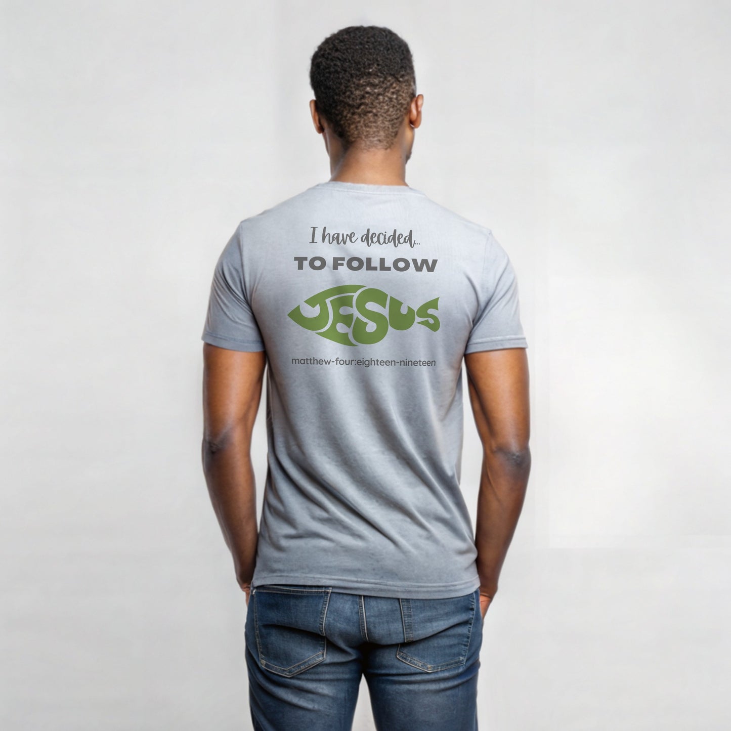 Model wearing a short sleeve Follow Jesus t-shirt ash gray back design