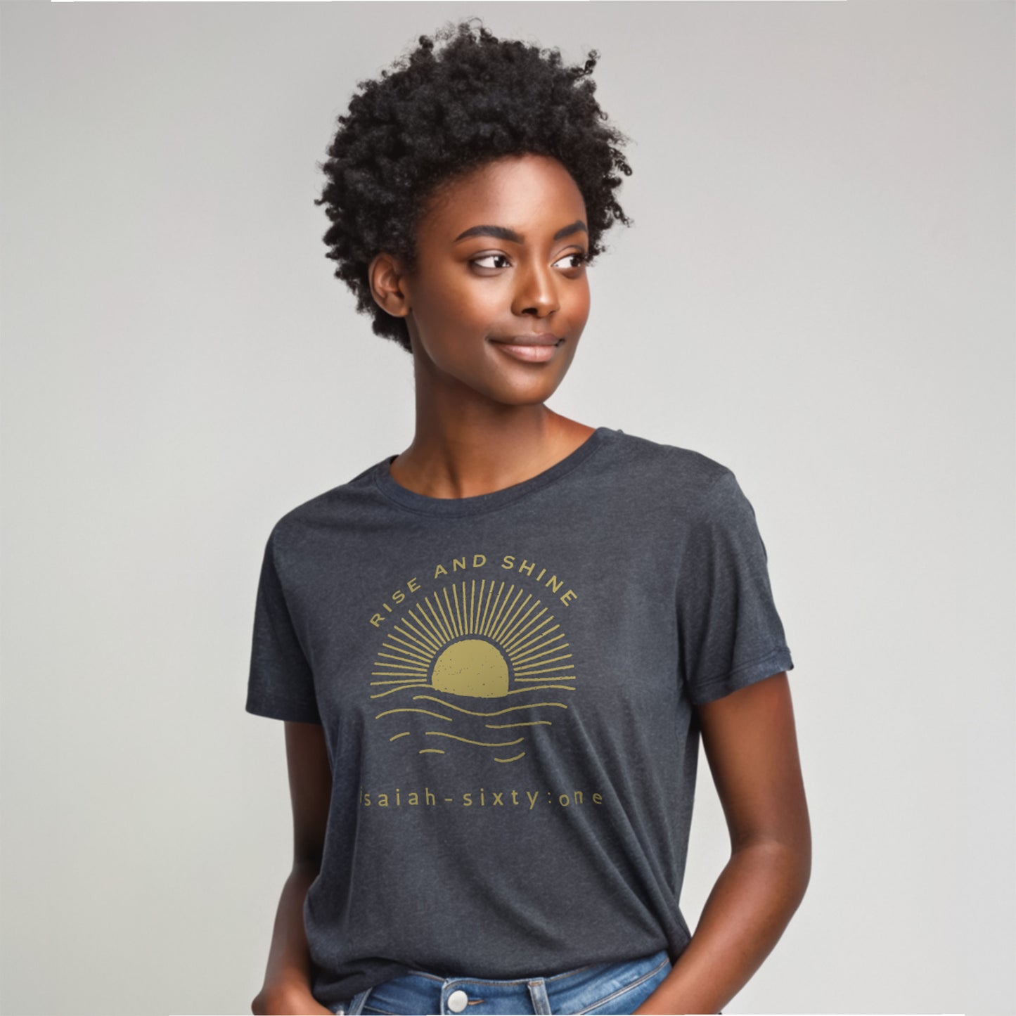 Model wearing a short sleeve Rise and Shine dark gray heather t-shirt