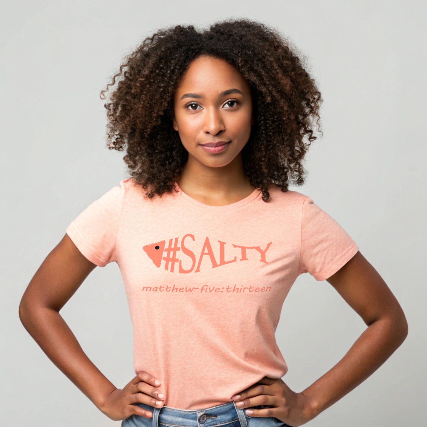 Model wearing a short sleeve #Salty t-shirt heather prism peach