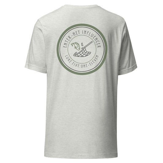 A gray t-shirt with a circular graphic design on the back featuring text and a fish illustration, inspired by a Bible verse.