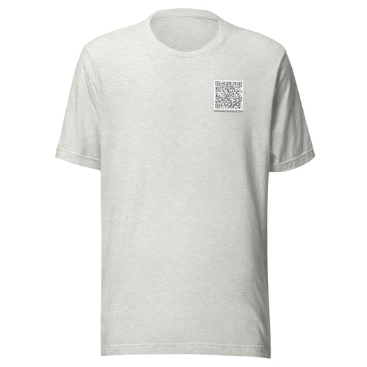 A gray t-shirt with a circular graphic design on the back featuring text and a fish illustration, inspired by a Bible verse.
