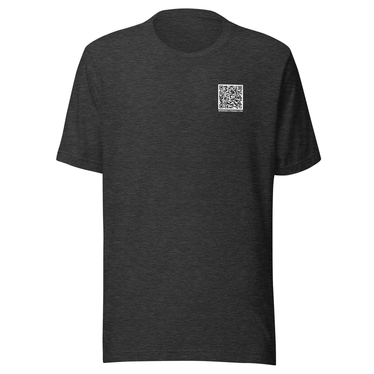 Gray heather t-shirt front with a QR code for 'You Don't Want That Smoke'