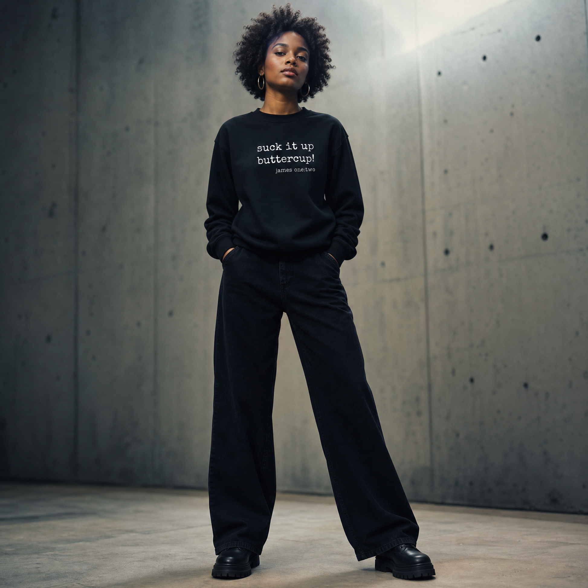 Person wearing a black sweatshirt with text Suck It Up Buttercup standing against a concrete wall.