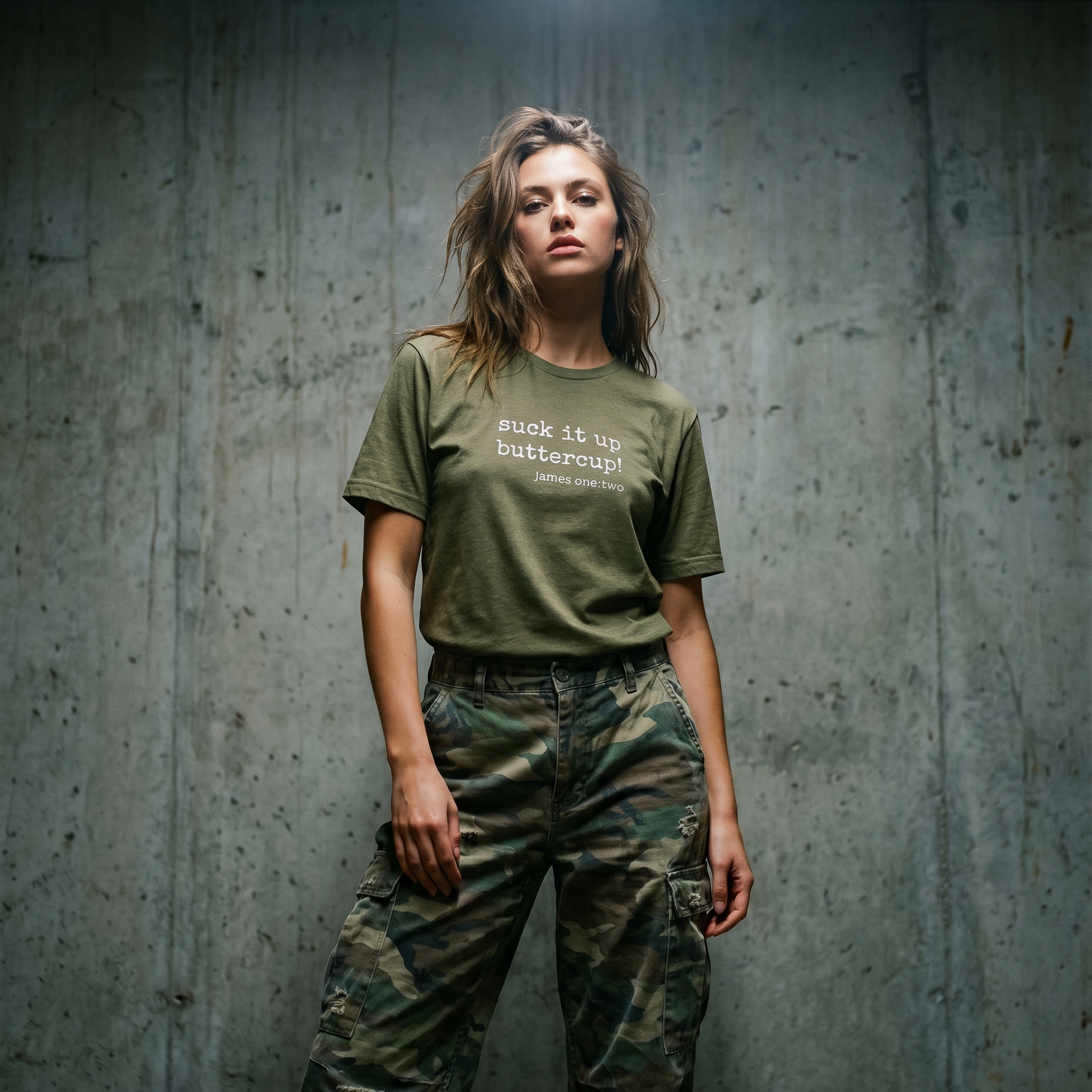 Person wearing an olive green t-shirt with text Suck It Up Buttercup!