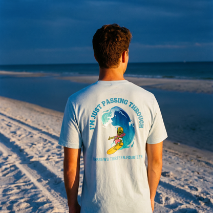 Person standing on the beach wearing a t-shirt with text I'm Just Passing Through