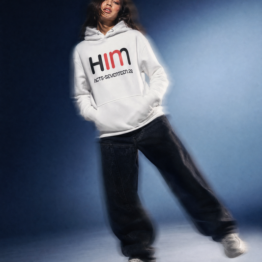 Person wearing a white hoodie sweatshirt with the text "In Him"