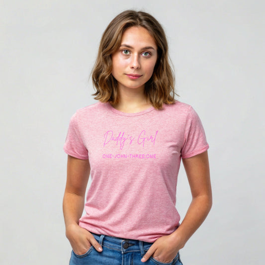 Model is wearing a short sleeve Daddy's Girl heather prism lilac t-shirt