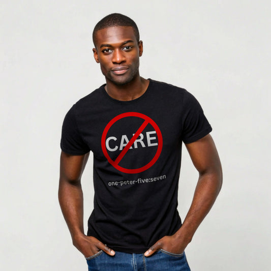 Model is wearing a short sleeve Don't Care black t-shirt