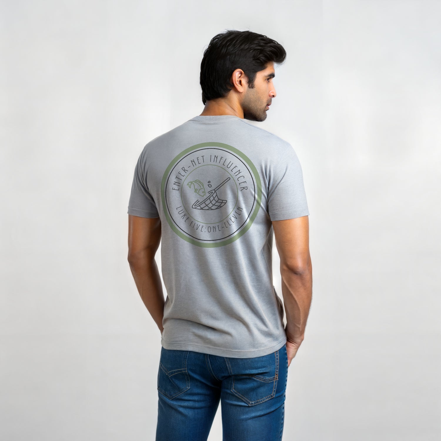 JPG - Model is wearing a short sleeve Enter-Net Influencer athletic heather t-shirt back design