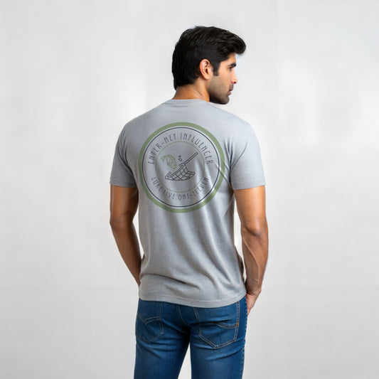 JPG - Model is wearing a short sleeve Enter-Net Influencer athletic heather t-shirt back design