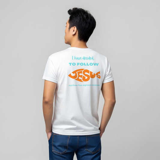 Model is wearing a short sleeve Follow Jesus white t-shirt