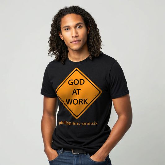 Model is wearing a short sleeve God At Work black t-shirt