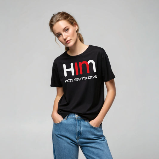 Model is wearing a short sleeve In Him black t-shirt