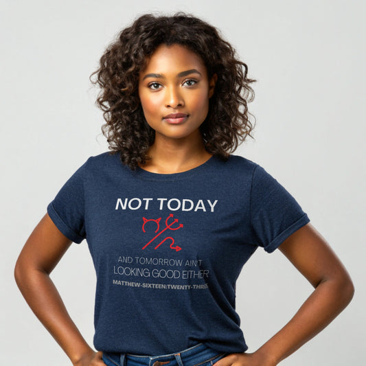 Model is wearing a short sleeve Not Today Satan heather midnight navy t-shirt