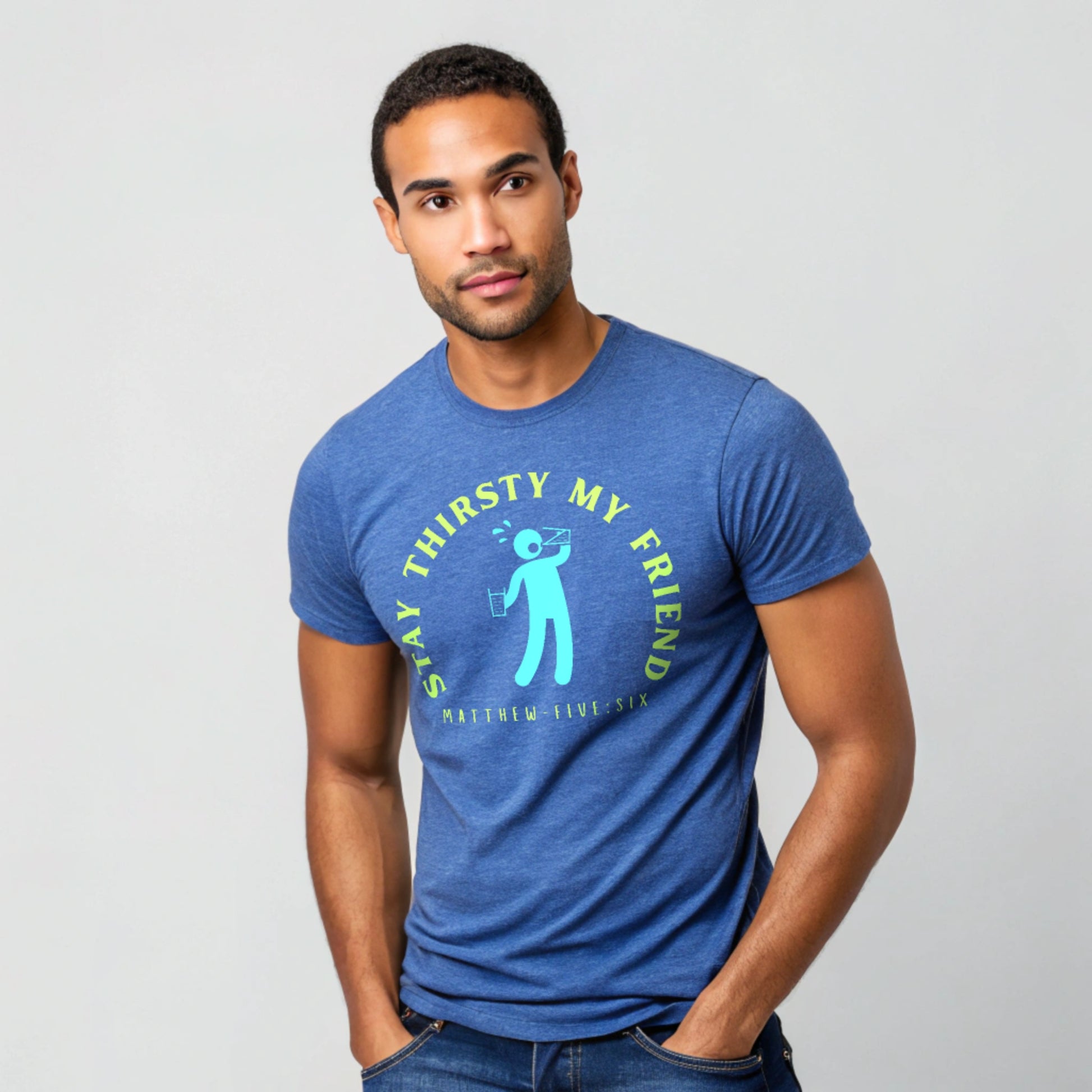 Model is wearing a short sleeve Stay Thirsty heather true royal t-shirt