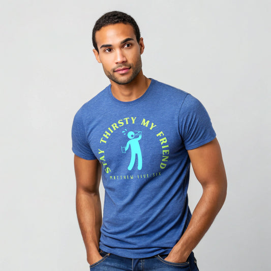 Model is wearing a short sleeve Stay Thirsty heather true royal t-shirt