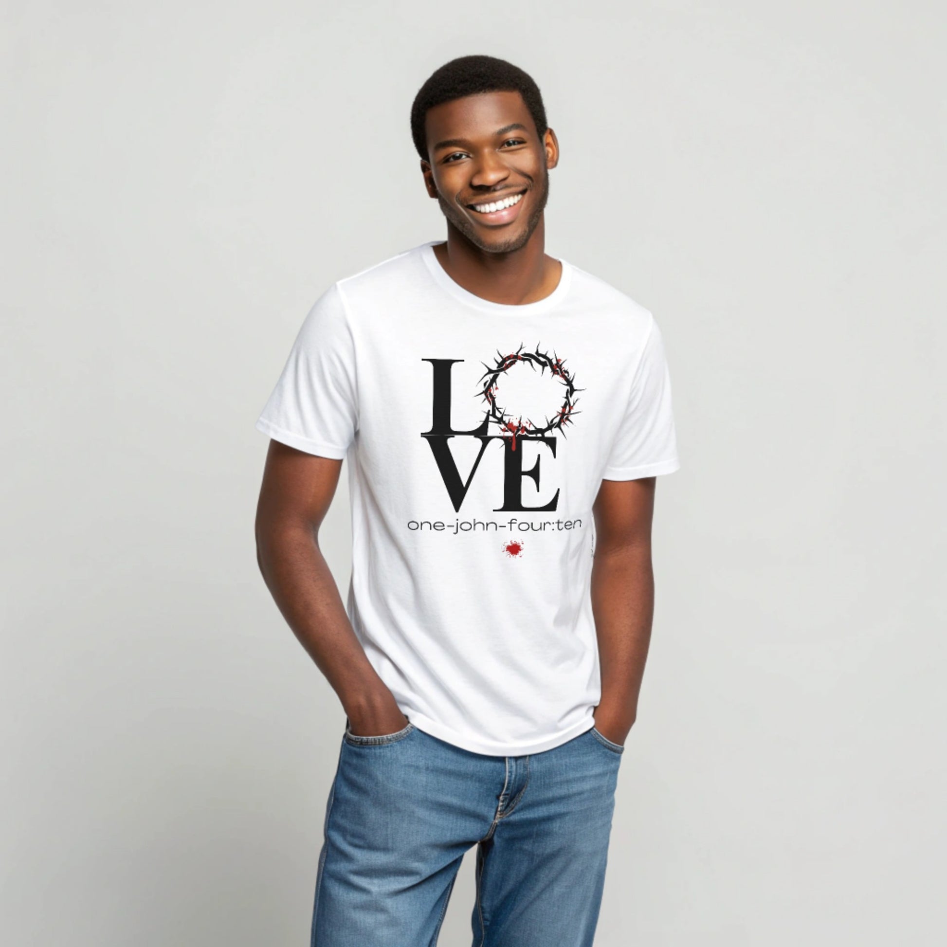 Model is wearing a short sleeve This is Love white t-shirt