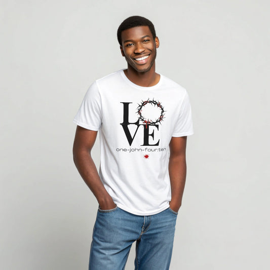 Model is wearing a short sleeve This is Love white t-shirt