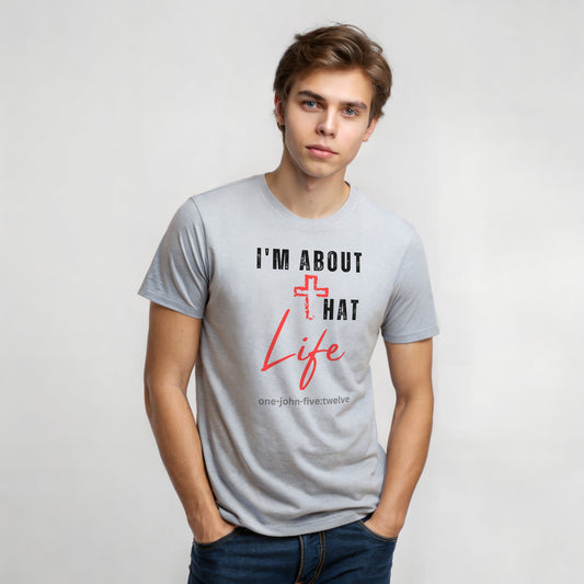 Model is wearing an I'm About That Life ash gray t-shirt