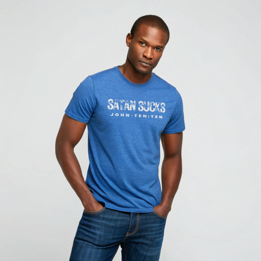 Model is wearing a short sleeve Satan Sucks heather true royal t-shirt