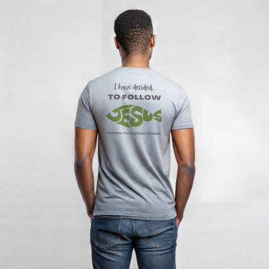 Model wearing a short sleeve Follow Jesus t-shirt ash gray back design