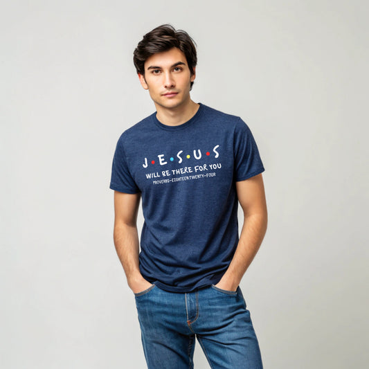 Model wearing a short sleeve Jesus is My Friend heather midnight navy t-shirt