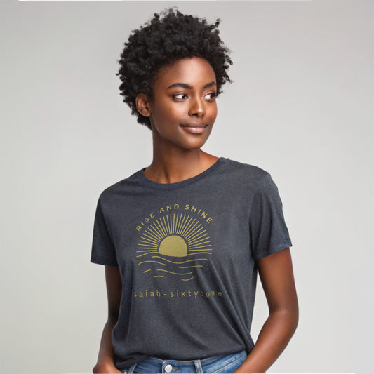 Model wearing a short sleeve Rise and Shine dark gray heather t-shirt