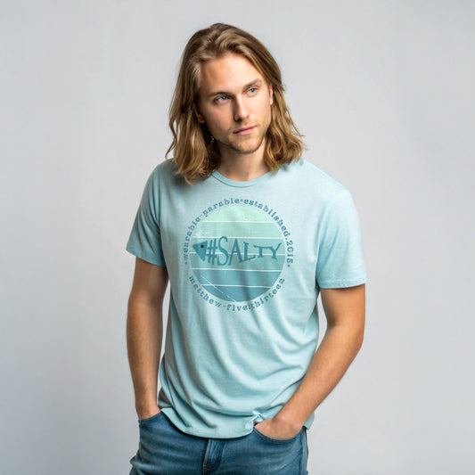 Model wearing a short sleeve #Salty heather prism ice blue t-shirt
