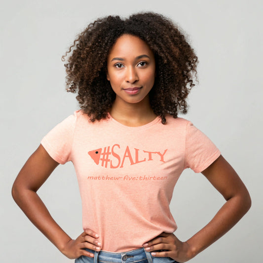 Model wearing a short sleeve #Salty t-shirt heather prism peach