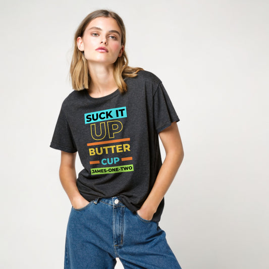 Model wearing a short sleeve Suck It Up Buttercup dark heather gray t-shirt