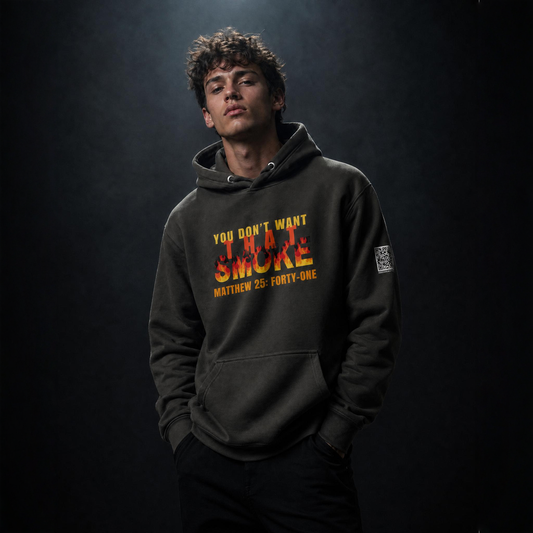 Model is wearing a vintage black hoodie with a graphic print on the chest that reads 'YOU DON'T WANT THAT SMOKE MATTHEW 25:41' in yellow and orange flame-style lettering, posed against a dark studio background.