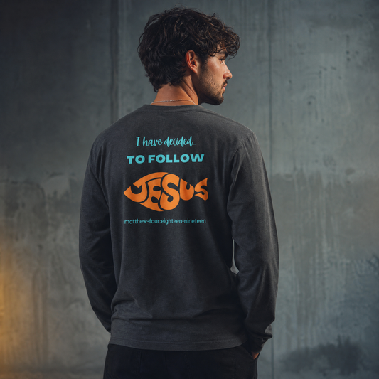 Model is wearing a gray 'I have Decided To Follow Jesus' long sleeve t-shirt against a dark background