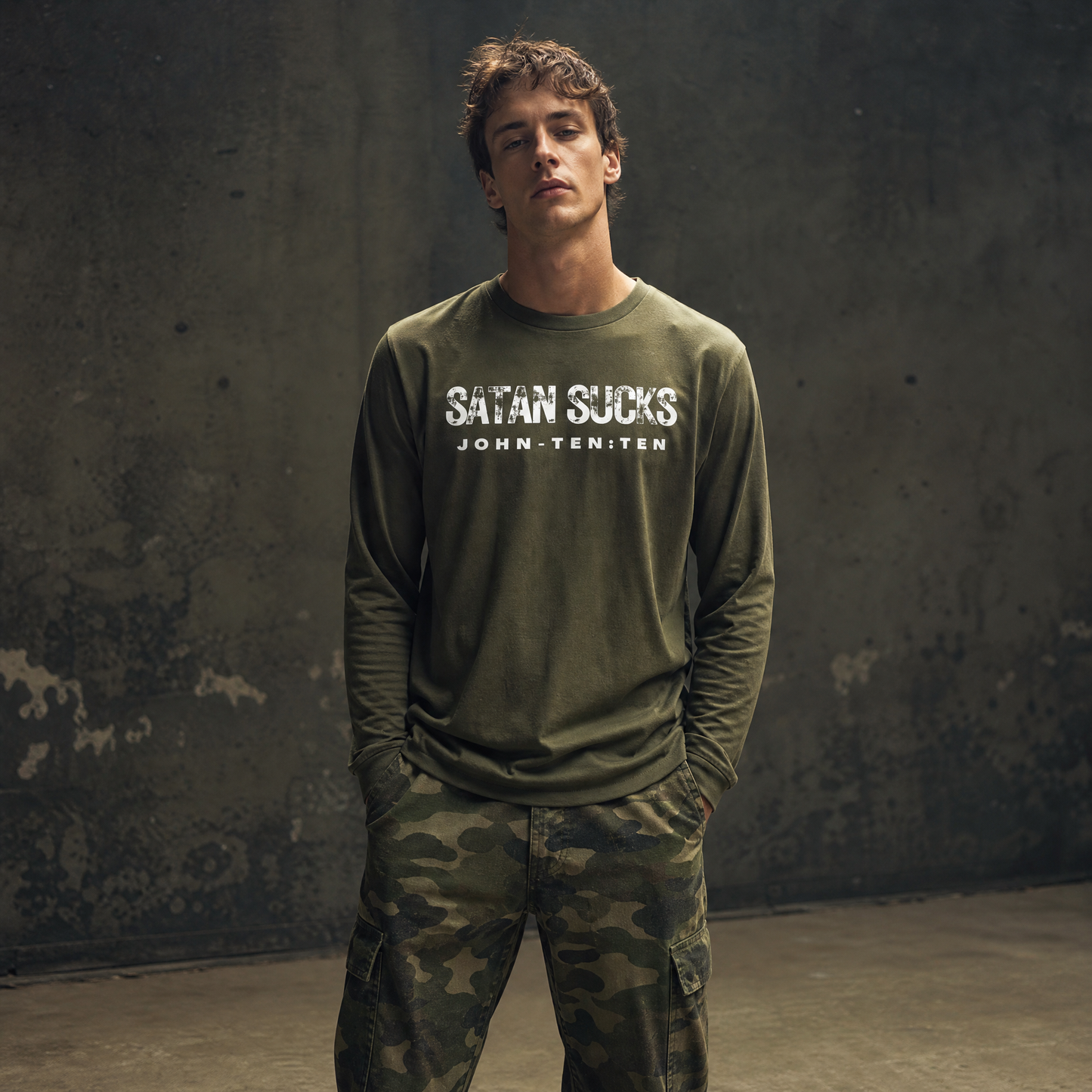 Person wearing an army green long sleeve t-shirt with text 'Satan Sucks' standing in front of a gray wall