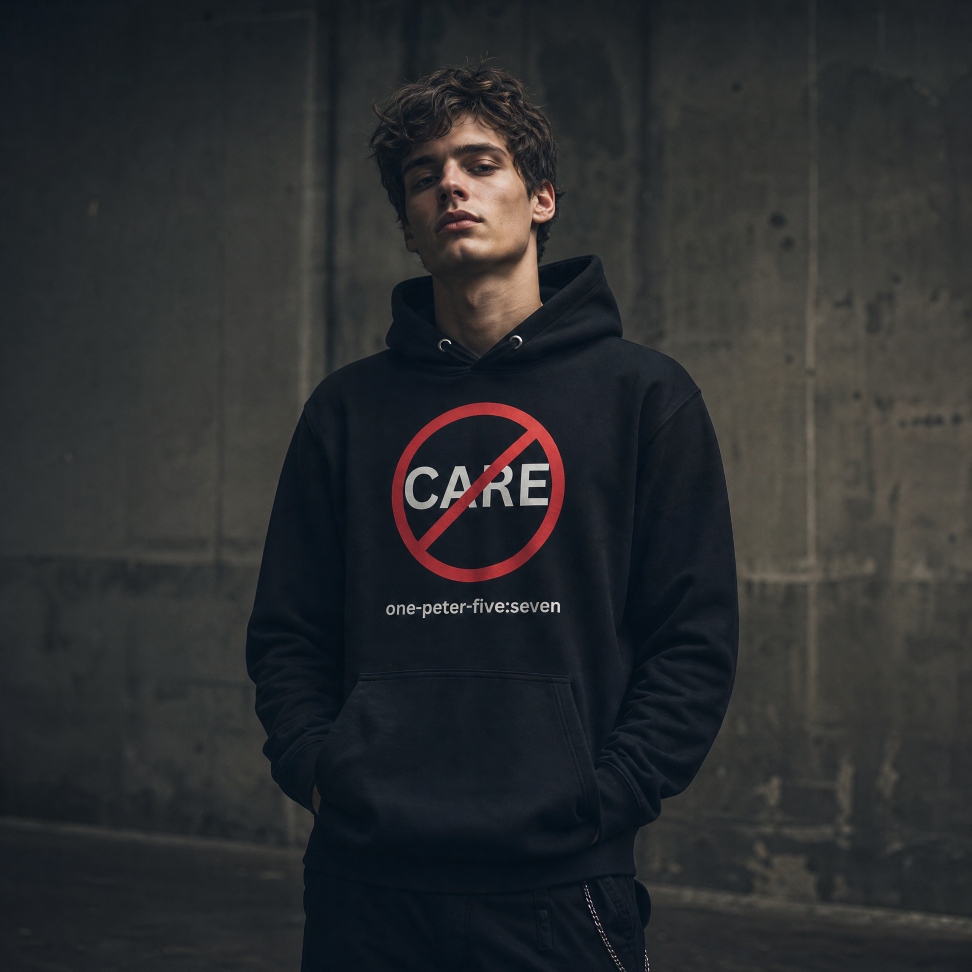 Person wearing a black hooded sweatshirt with a 'Don't Care' logo standing in front of a gray wall