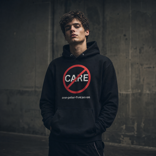 Person wearing a black hooded sweatshirt with a 'Don't Care' logo standing in front of a gray wall