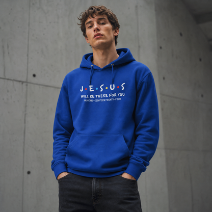 Person wearing royal blue hoodie with 'JESUS WILL BE THERE FOR YOU' text against a concrete wall background