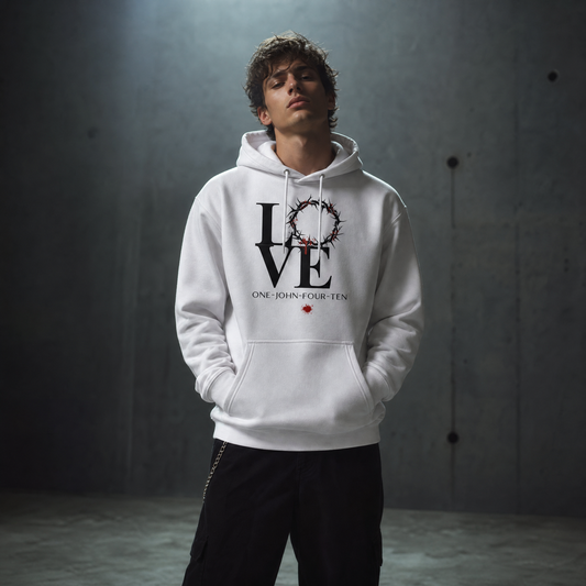 Model is wearing a white hoodie with text 'LOVE' and a graphic of the crown of thorns in place of the 'O' standing against a gray wall.