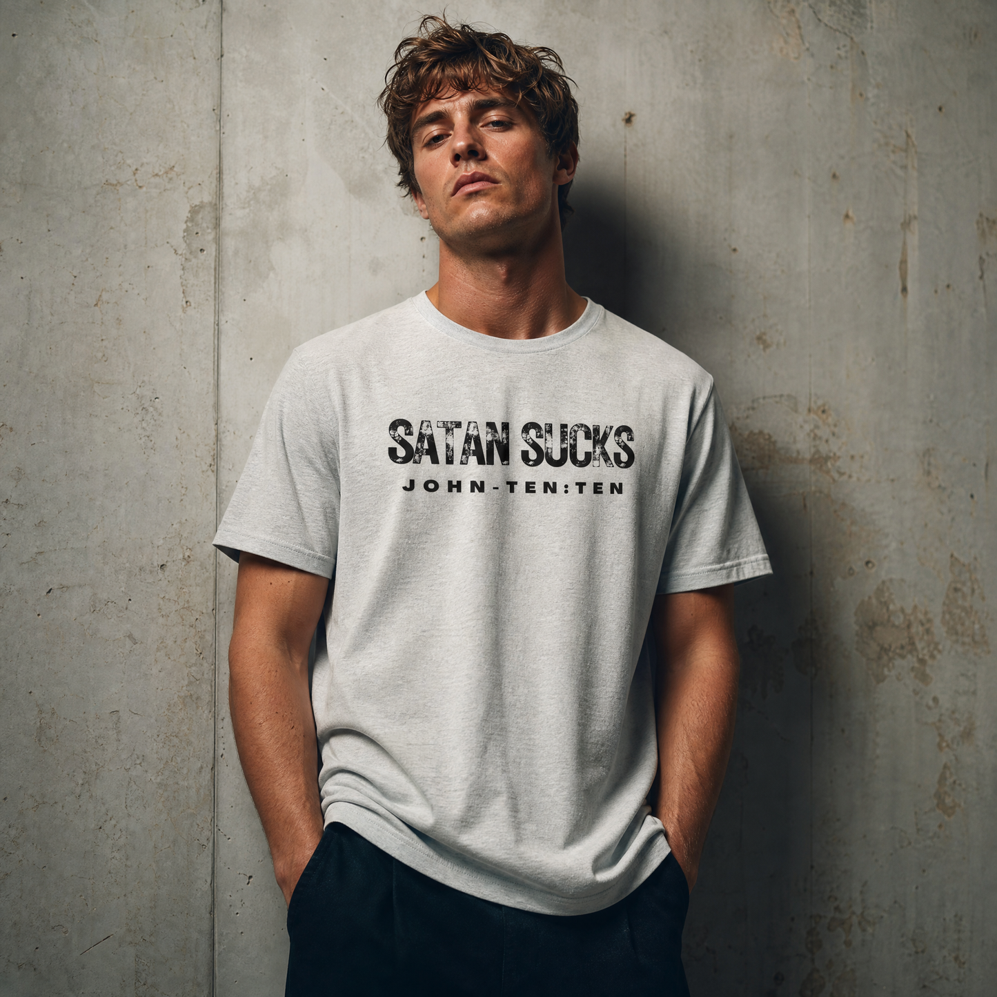 A man wearing a light gray t-shirt with the text 'SATAN SUCKS' printed in black across the chest, standing against a textured concrete wall.