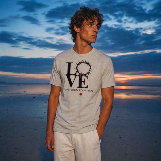 Model is wearing a gray t-shirt with text 'LOVE' and a graphic of the crown of thorns in place of the 'O' standing on the beach.