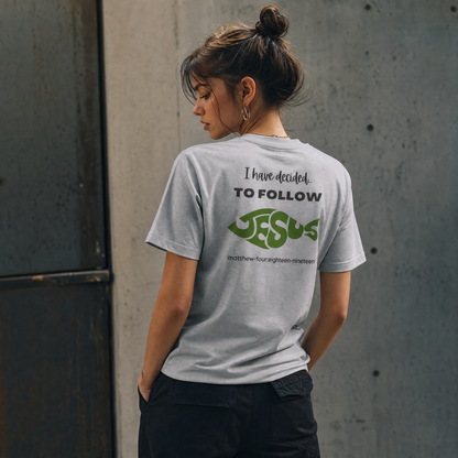 Person wearing a gray t-shirt with 'I have decided to follow Jesus' text.