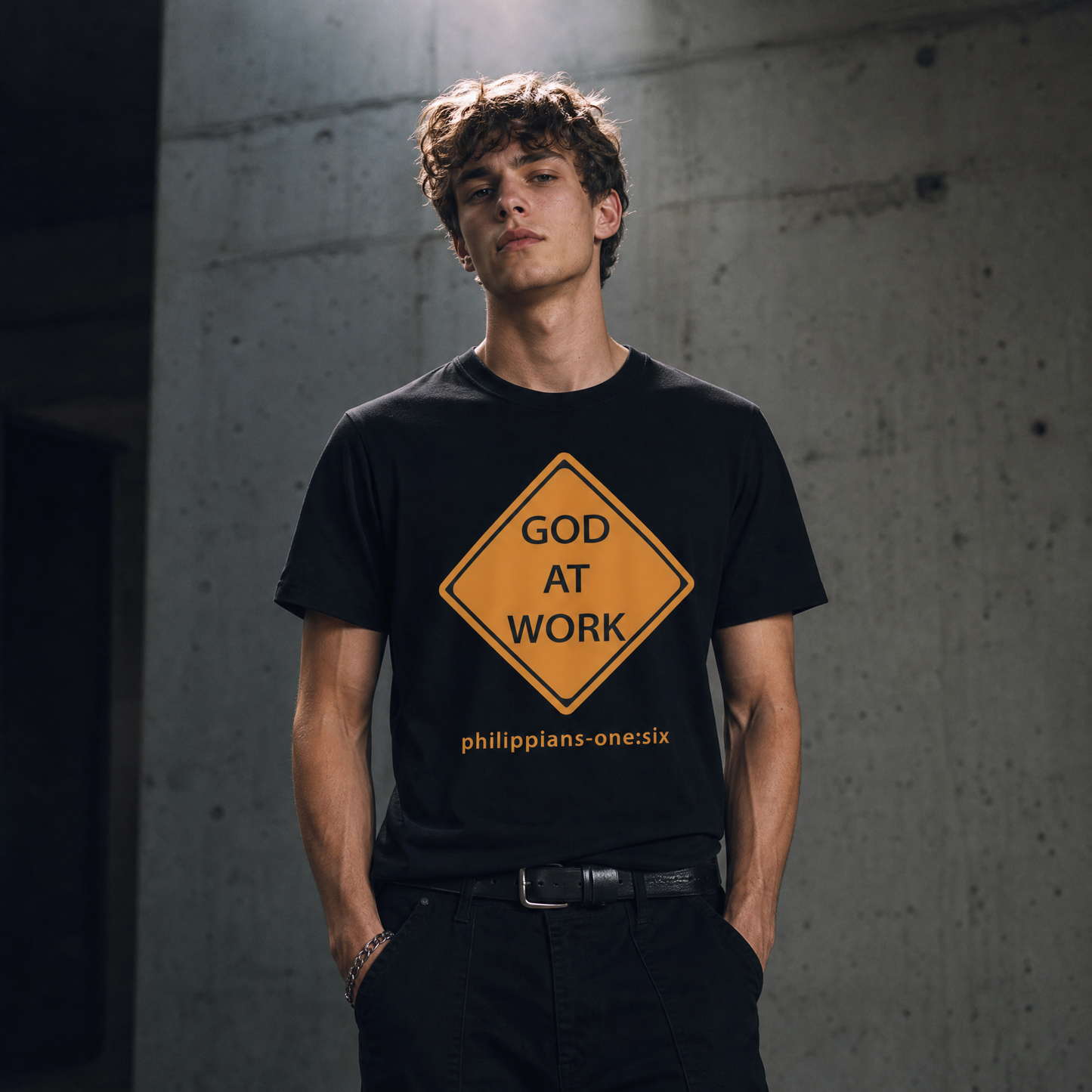 Person wearing a black t-shirt with a caution sign design and "God At Work" text standing in front of a gray wall
