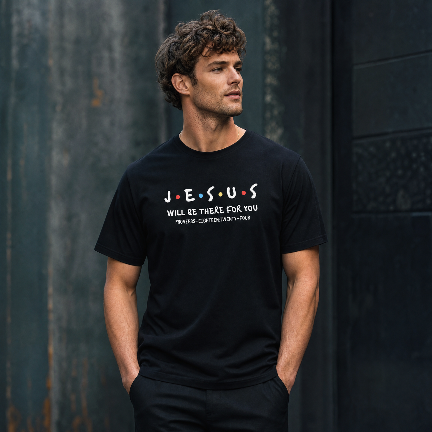 Person wearing a black t-shirt with 'JESUS WILL BE THERE FOR YOU' text against a dark background