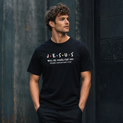 Person wearing a black t-shirt with 'JESUS WILL BE THERE FOR YOU' text against a dark background