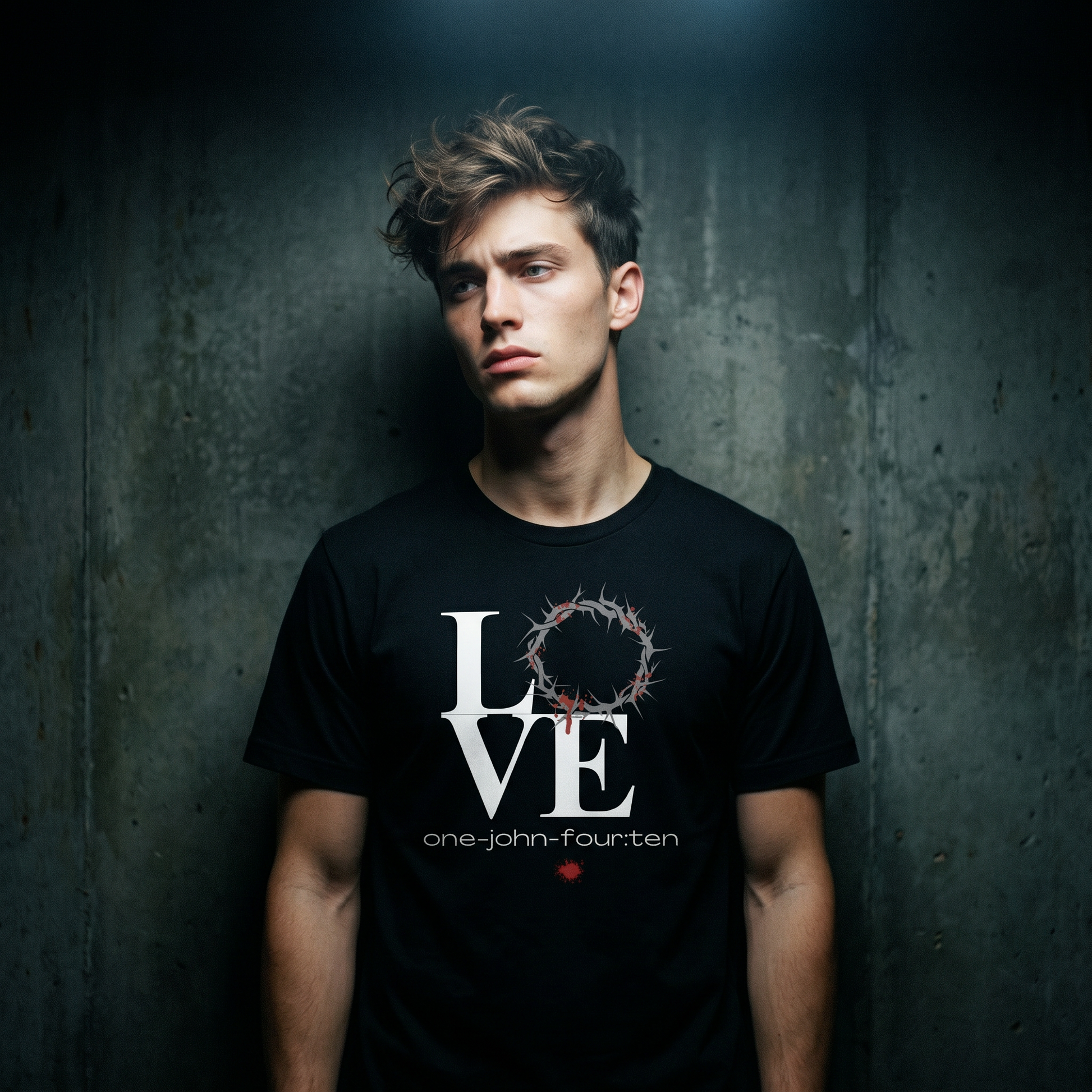 Model is wearing a black t-shirt with text 'LOVE' and a graphic of the crown of thorns in place of the 'O' standing against a gray wall.