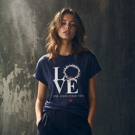 Model is wearing a navy blue t-shirt with text 'LOVE' and a graphic of the crown of thorns in place of the 'O' standing in front of a gray wall.