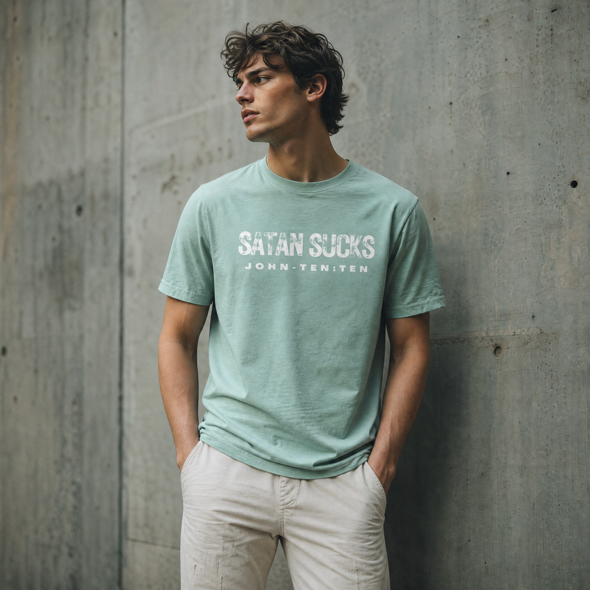 A man wearing a heather dusty blue t-shirt with the text 'SATAN SUCKS' in white, standing against a textured concrete wall.