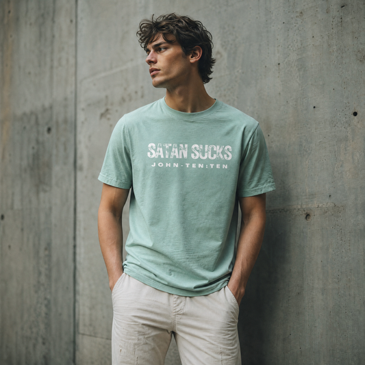 A man wearing a heather dusty blue t-shirt with the text 'SATAN SUCKS' in white, standing against a textured concrete wall.