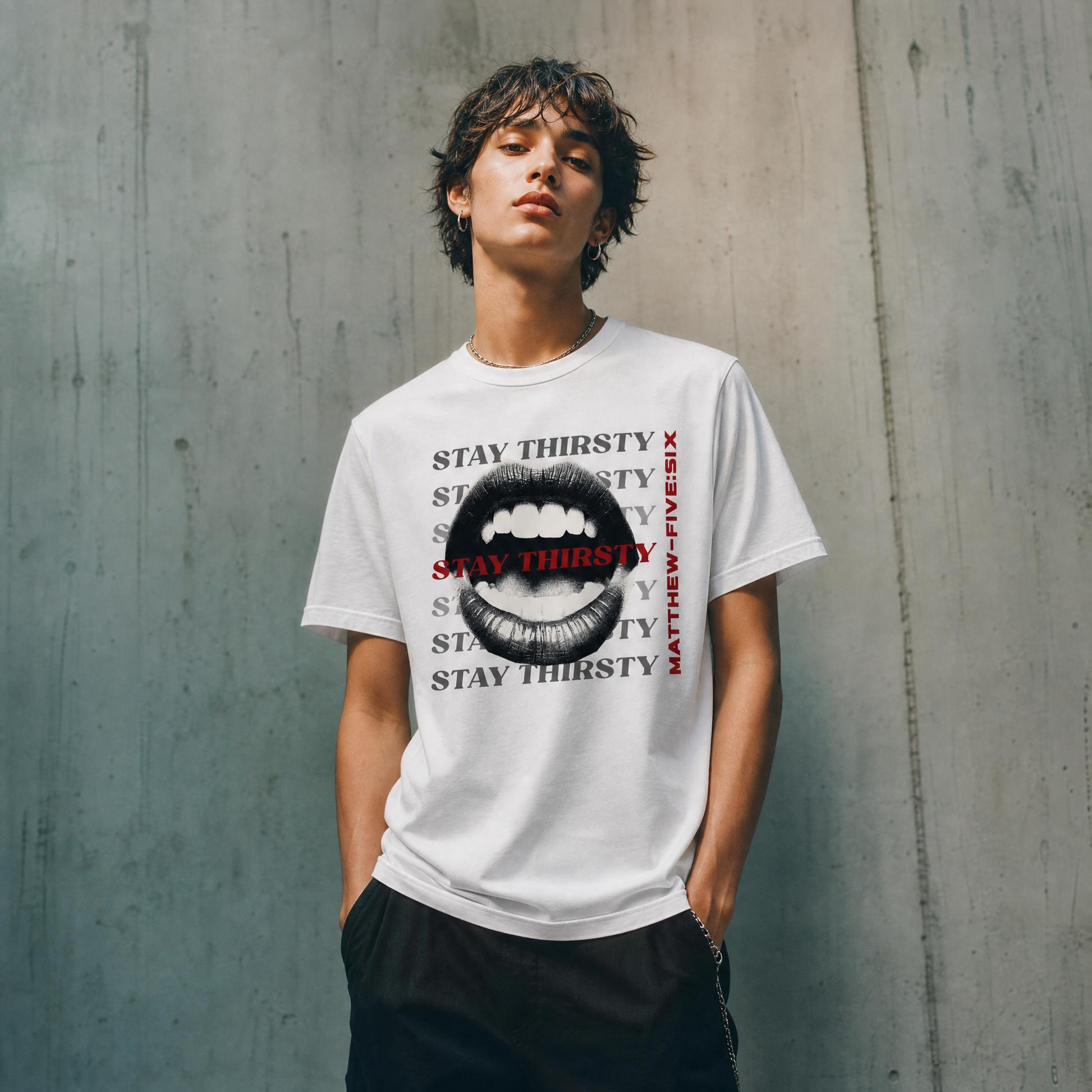 Model wearing a white t-shirt with text 'Thirsty' and an open mouth graphic; standing against a concrete wall